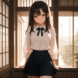 羞涩校服窗边少女