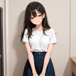 穿着蓝色裙装的羞涩美人