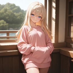 红色的金发女士穿着粉红色的毛衣