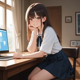 笔记本电脑女孩穿着学校制服